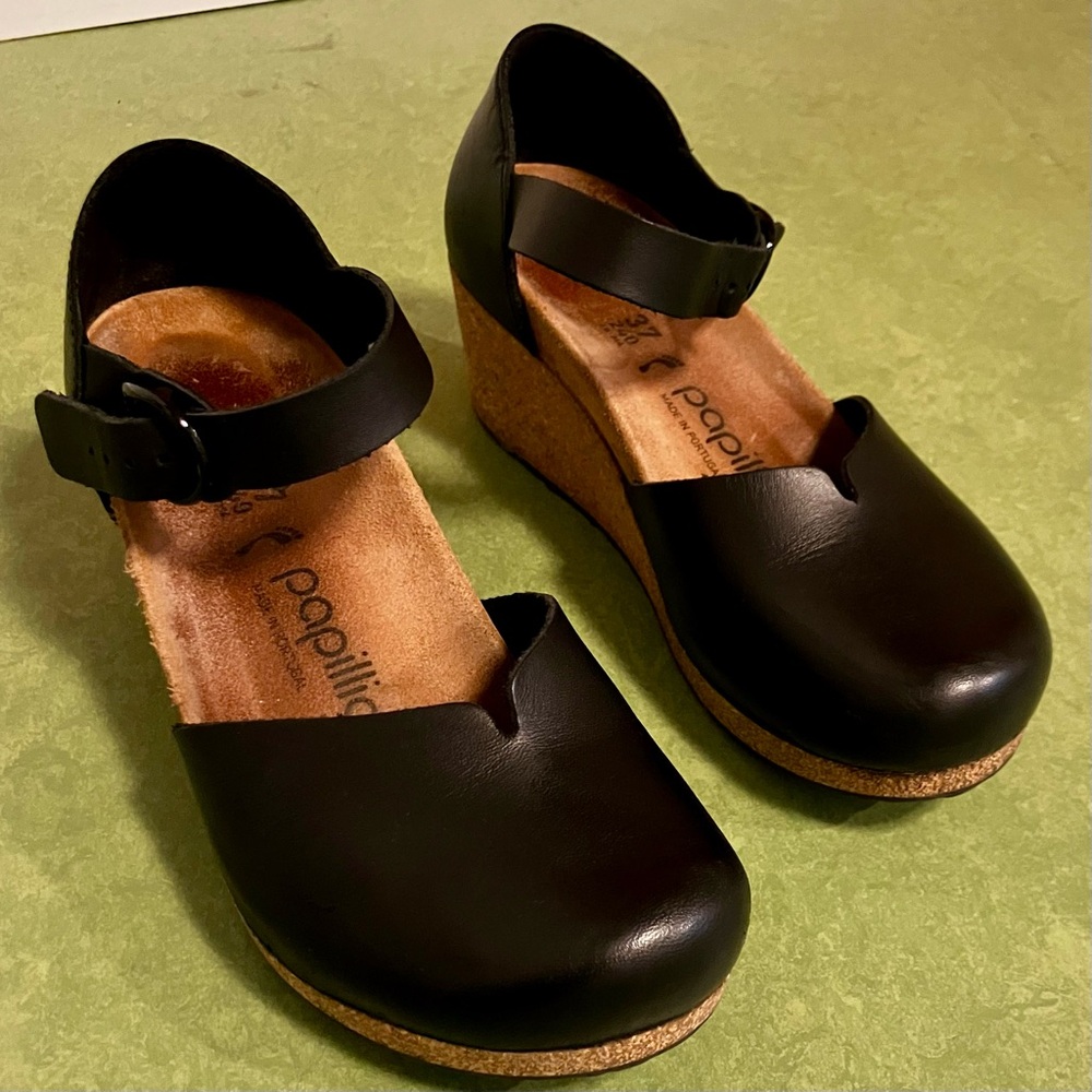 Papillio Black Leather Wedge Shoes
